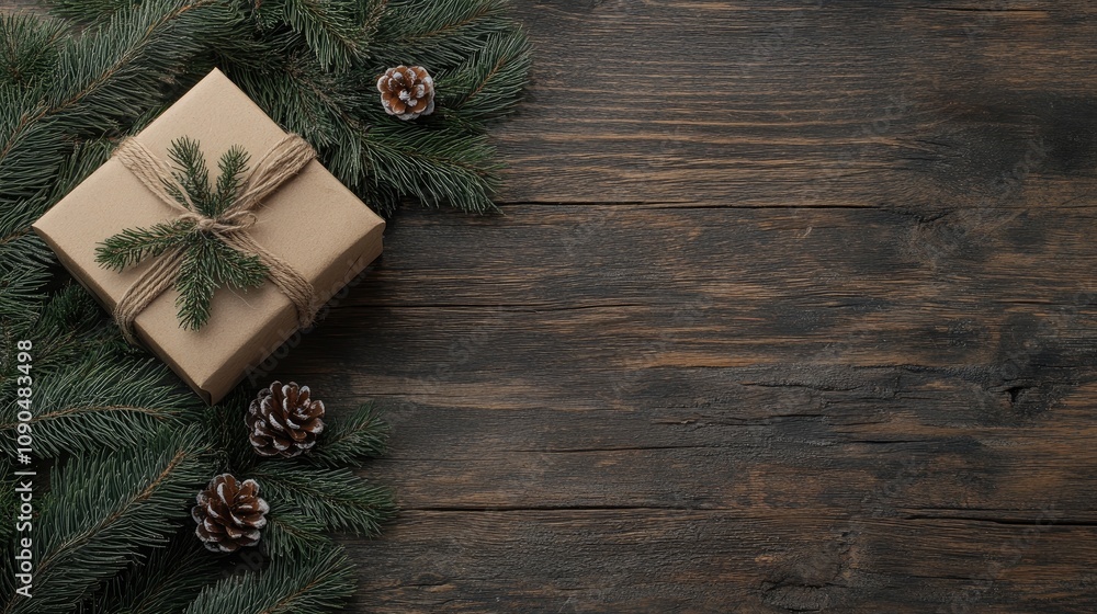 Poster Christmas gift wrapped in brown paper with greenery and pine cones on a rustic wooden table, flat lay view with open space for text or design.