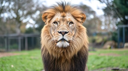Close-up of a majestic lion showcasing a striking golden mane and intense gaze, surrounded by a serene, natural environment.