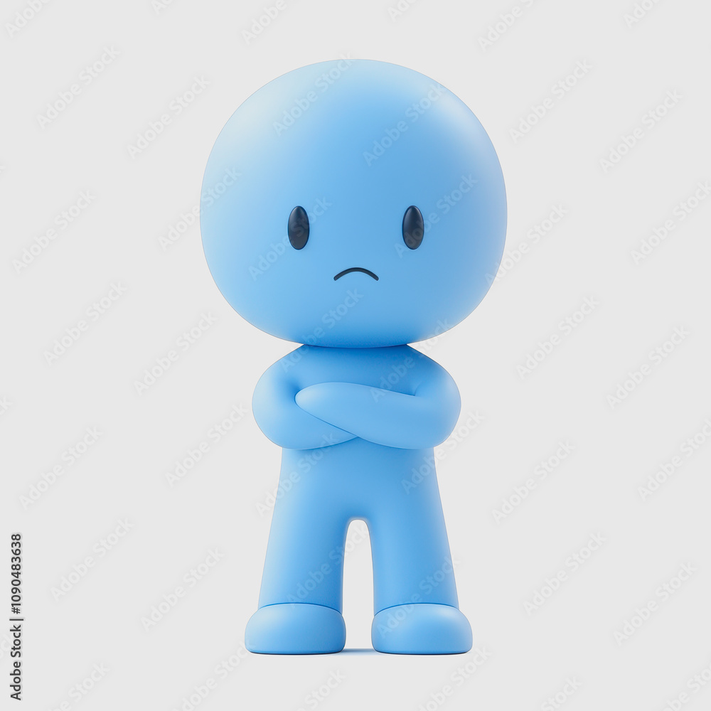 Poster sad blue character with arms crossed, expressing emotion and vulnerability, ideal for illustrating f