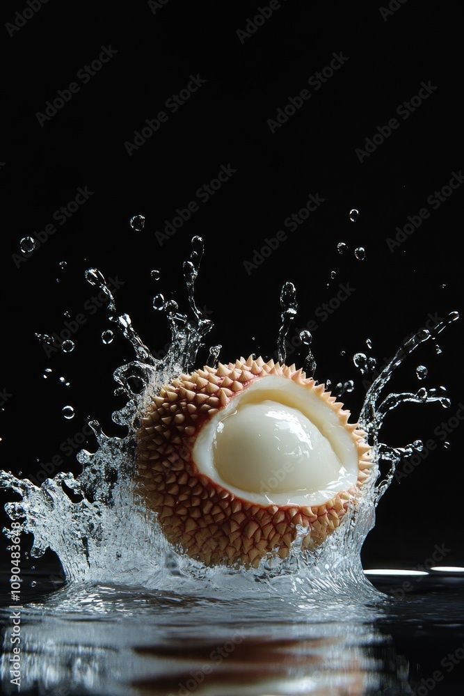 Poster a lychee fruit splashes into water, creating dynamic droplets against a dark background.