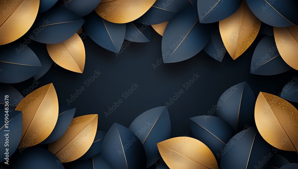 Aufkleber elegant background featuring a seamless pattern of overlapping dark blue and gold leaves, creating a