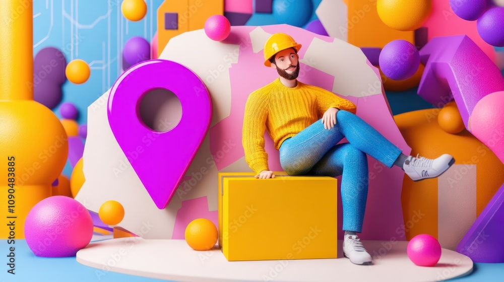 Aufkleber a colorful 3d scene featuring a person in a hard hat amidst vibrant geometric shapes.