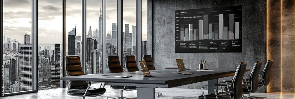 Aufkleber modern conference room with a city view and data presentation on the wall.