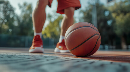 Naklejka premium Basketball Player Approaches Ball on Outdoor Court in Sunny Day