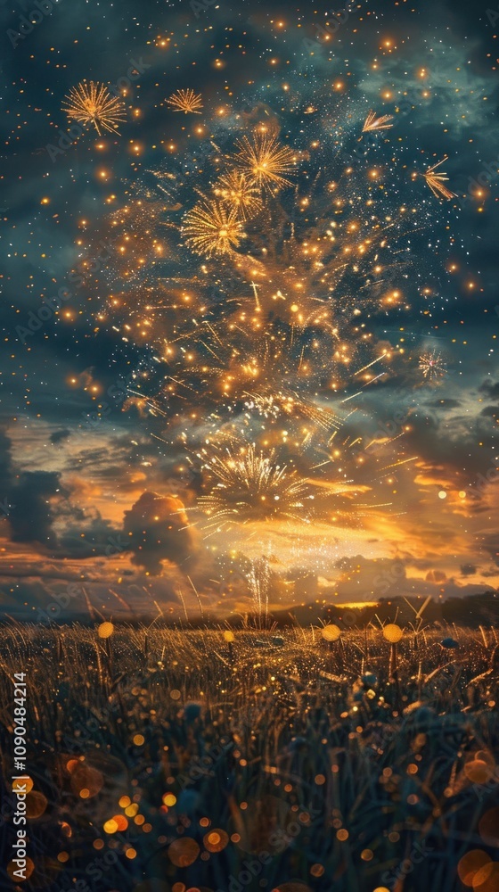 Poster a field of tall grass with a beautiful sunset and fireworks exploding in the sky.