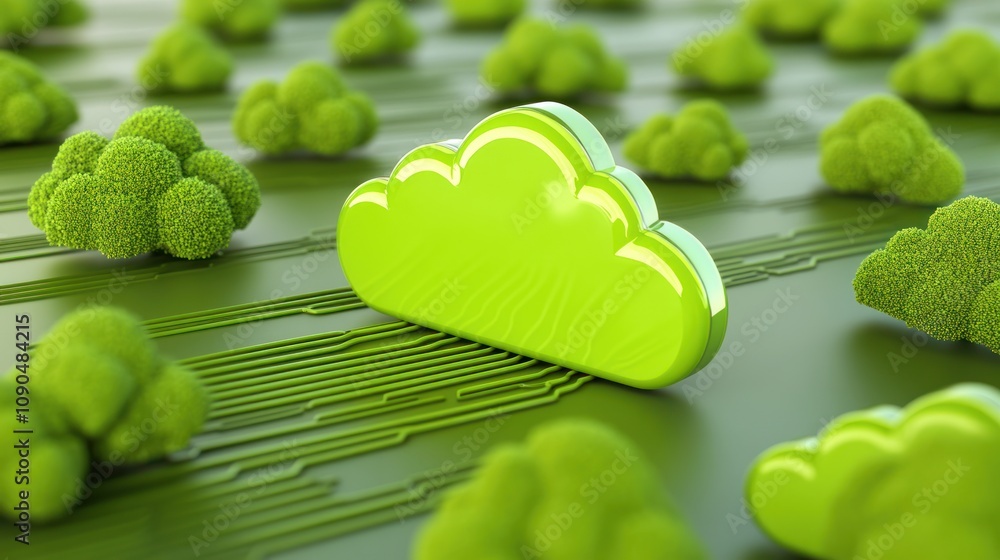 Poster a green cloud symbol amidst circuit-like patterns representing technology and sustainability.