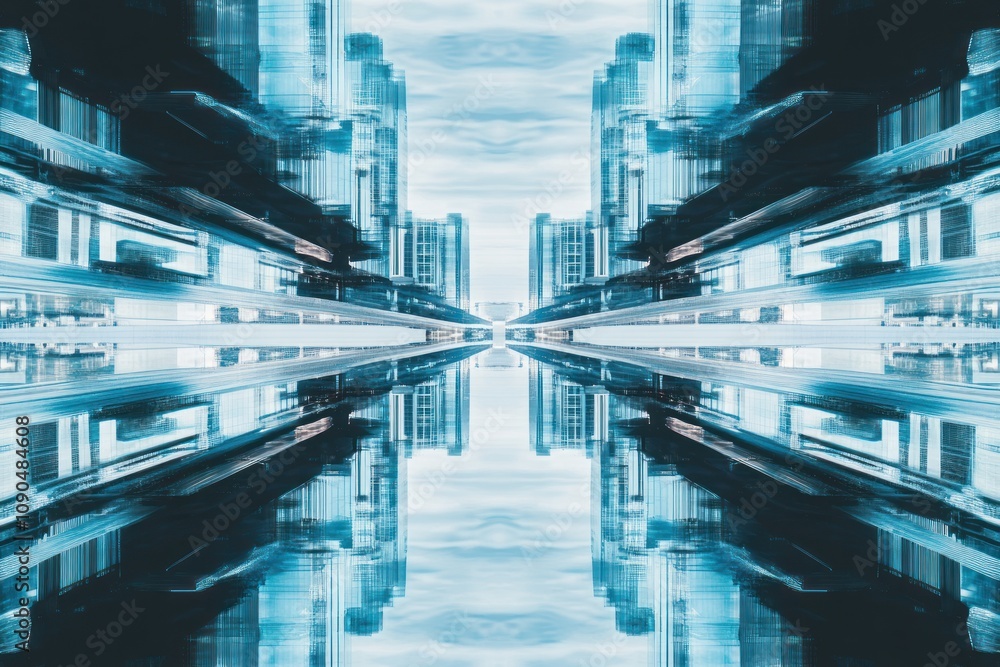 Aufkleber abstract cityscape with a mirrored effect, emphasizing modern architecture and urban life.