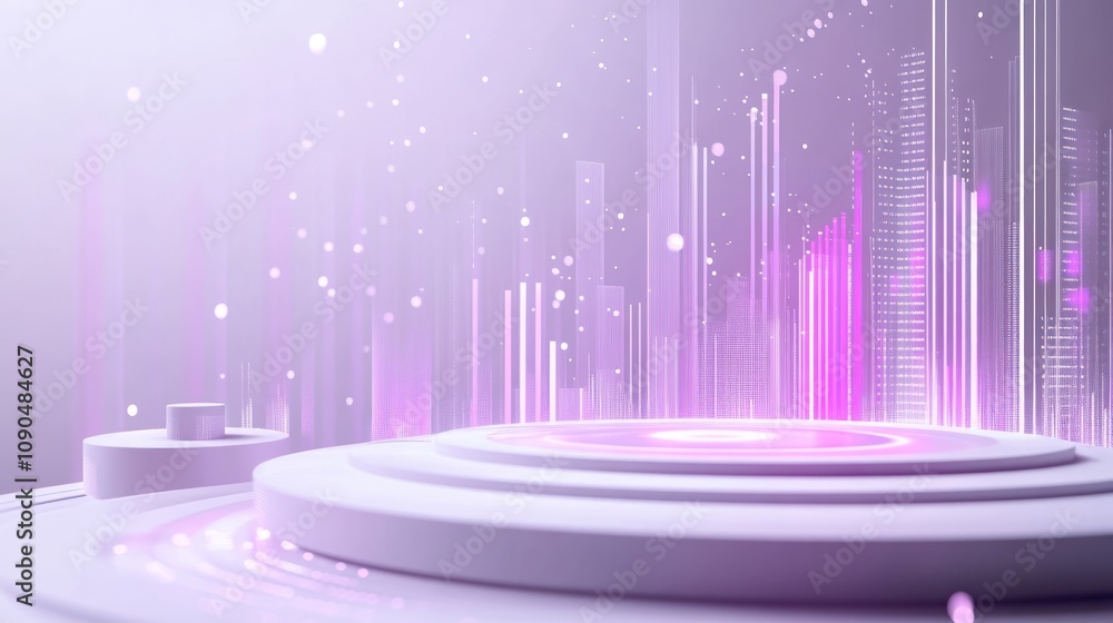 Poster abstract digital landscape with circular platform and glowing vertical lines in purple hues.