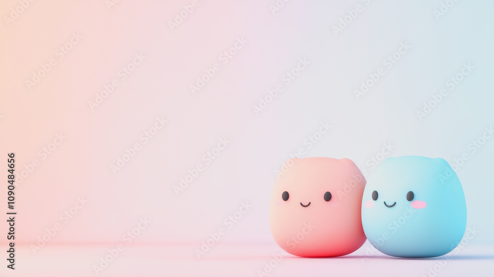 Poster two cute character figures embracing each other in soft colors, representing friendship and connecti