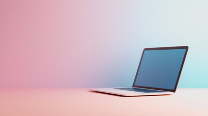 Modern Laptop on a Minimalist Pink and Blue Gradient Background, Perfect for Technology, Work, and Digital Innovation Concepts in Stock Photography