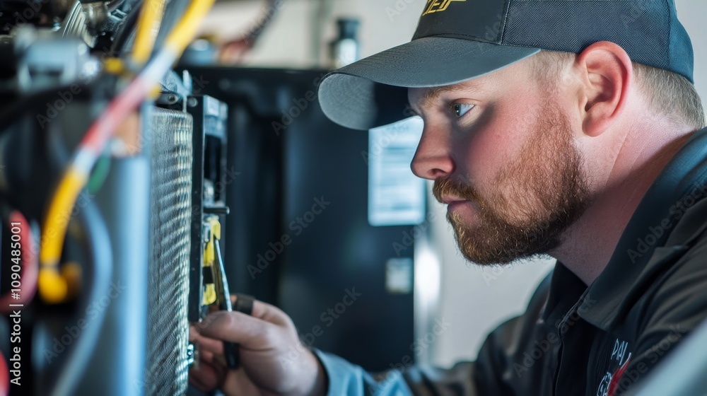 Poster An HVAC technician in a service uniform and cap, examining a complex air conditioning unit with tools and parts nearby, HVAC maintenance scene
