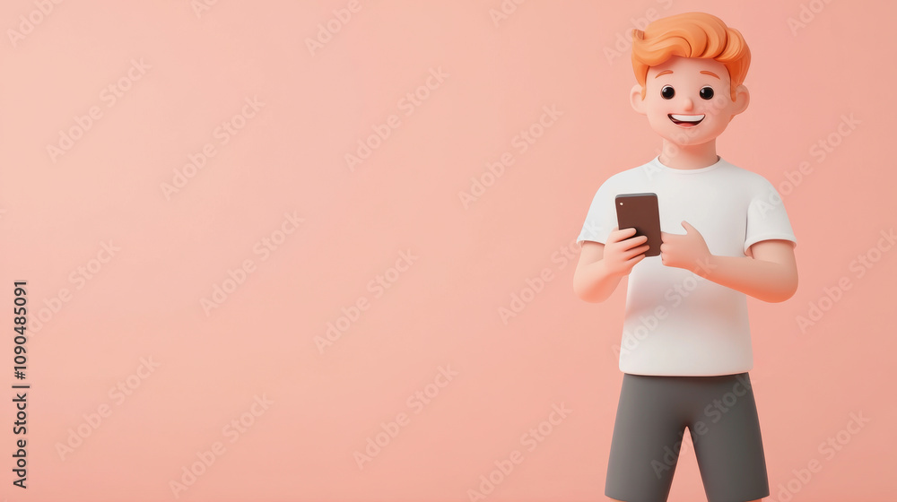 Poster cheerful young character engaging with smartphone in a minimalist setting with soft pink background 