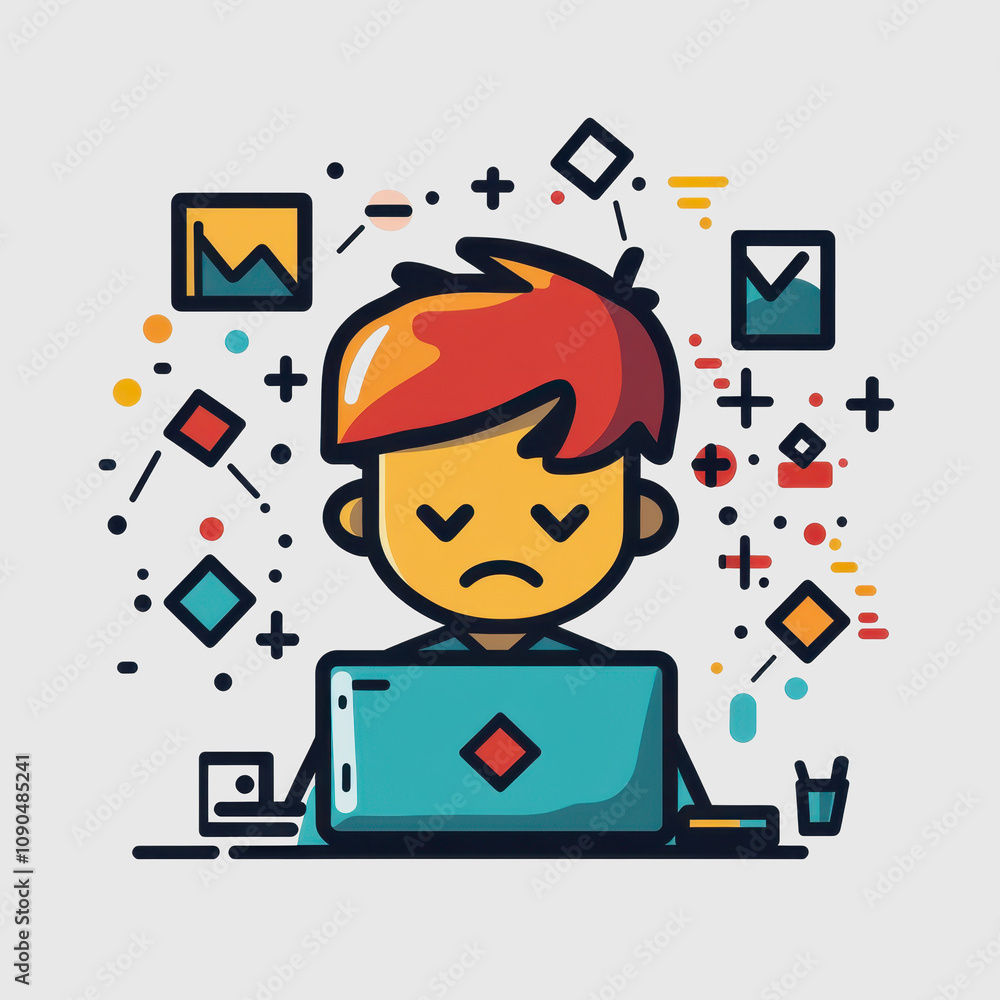 Poster digital illustration of a young man working on a laptop surrounded by graphic elements and data visu