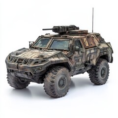 A detailed model of an armored military vehicle with rugged design and tactical features.