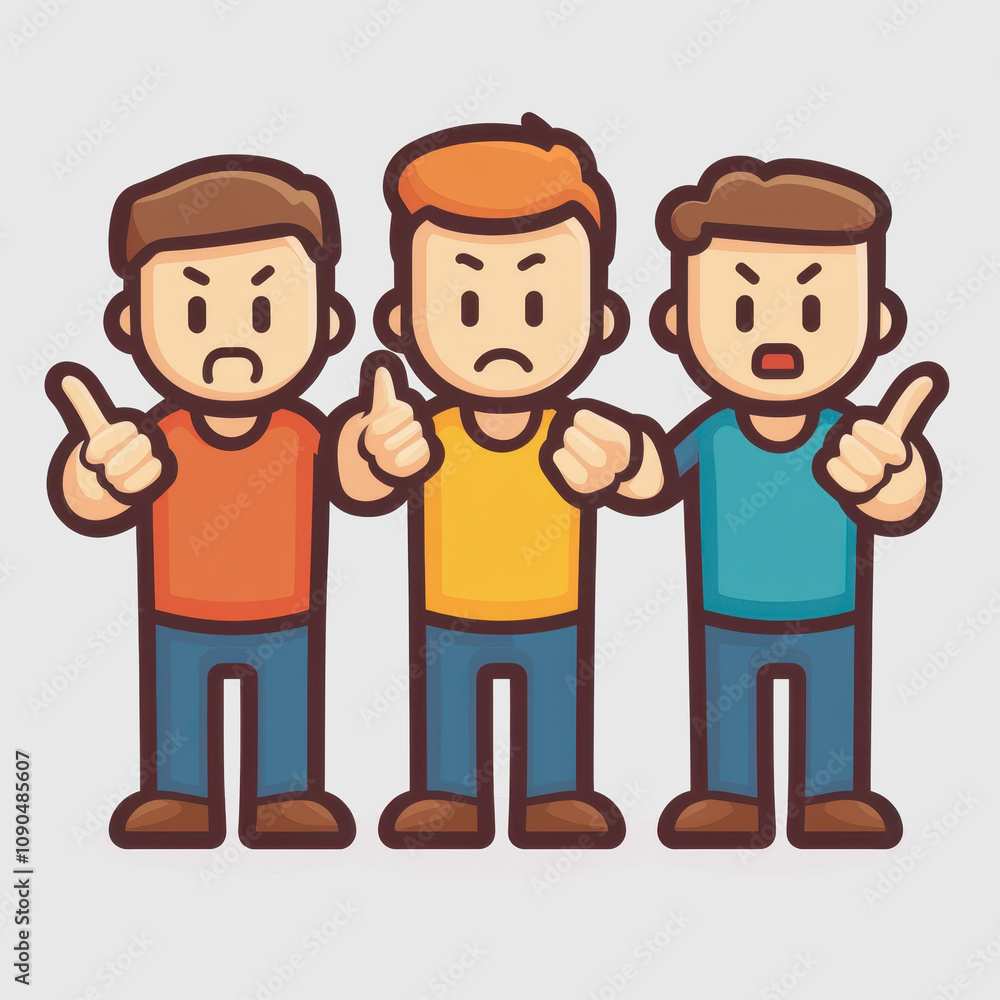 Poster three cartoon characters expressing different emotions with thumbs up and down gestures in vibrant c
