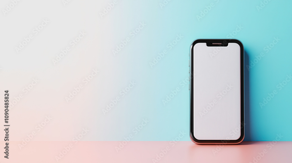 Poster modern smartphone on minimalist background with soft pastel colors, featuring empty screen space for