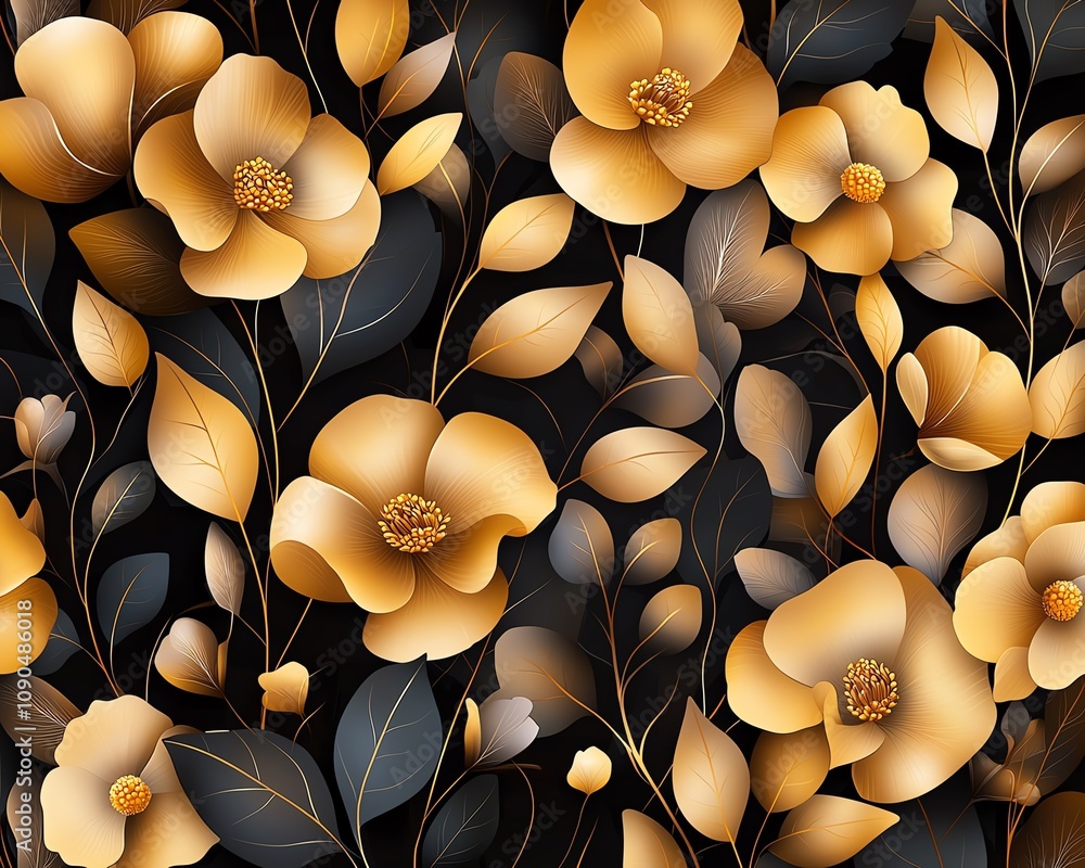Poster Elegant golden flowers with intricate leaves form a seamless pattern on a dark background, creating a luxurious and sophisticated visual experience.