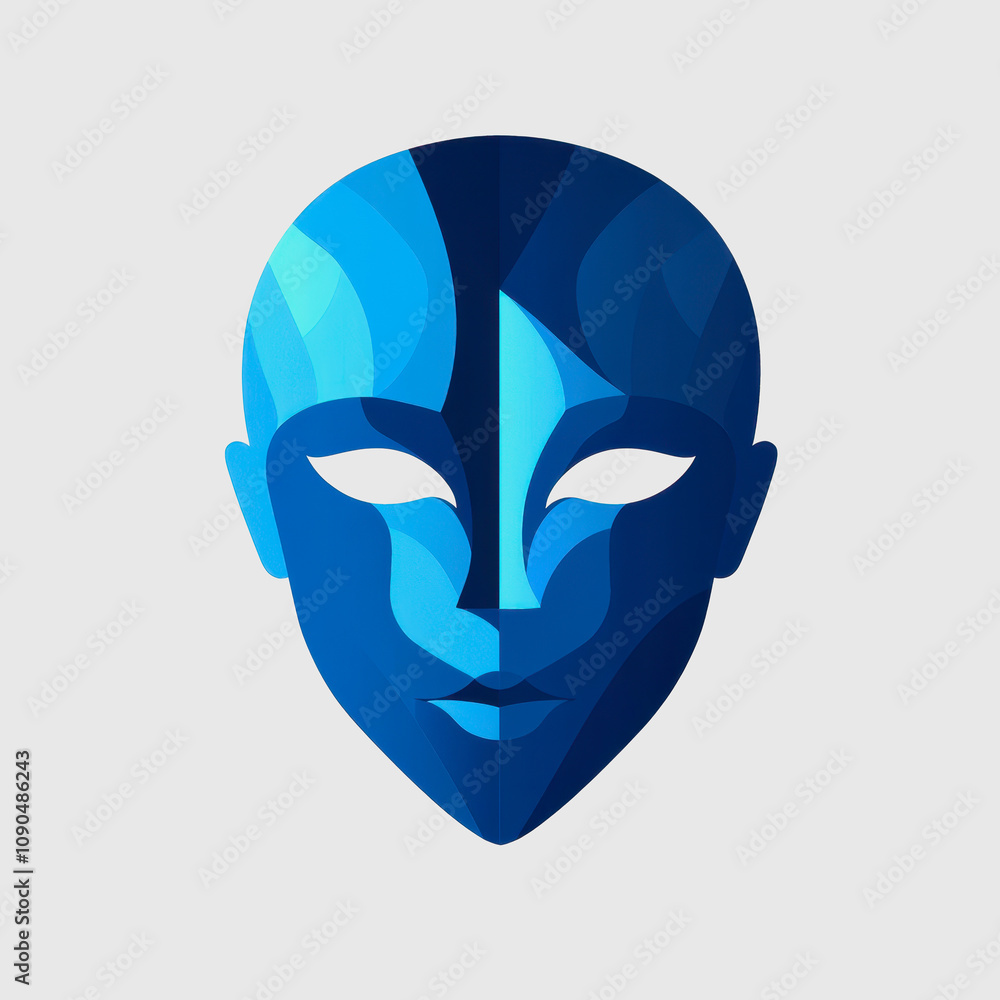 Poster modern abstract blue face design with geometric shapes and smooth lines representing emotion and ide