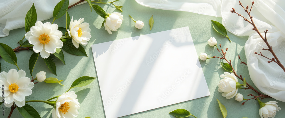 Poster a white card with a flower on it sits on a green table. the card is empty, but the flower adds a tou
