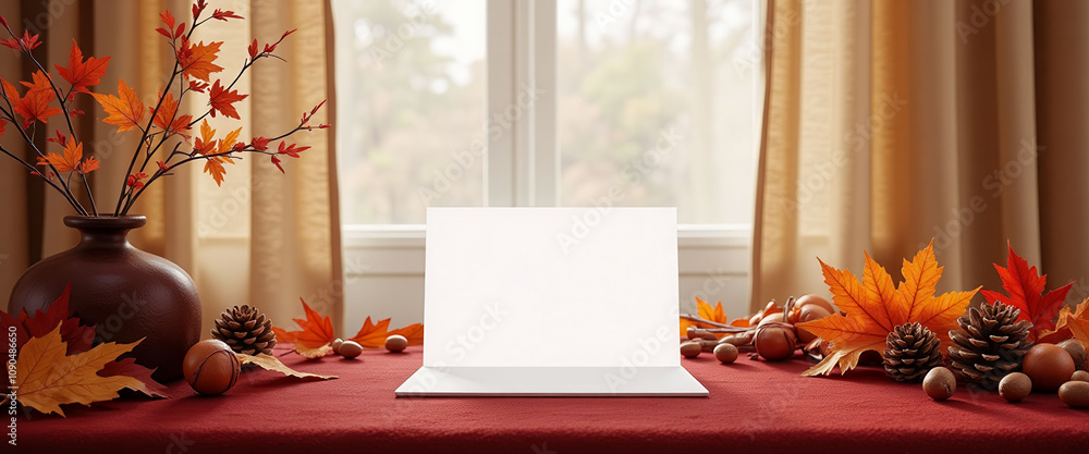 Poster a table with a white notebook and a pile of autumn leaves. the leaves are scattered all over the tab