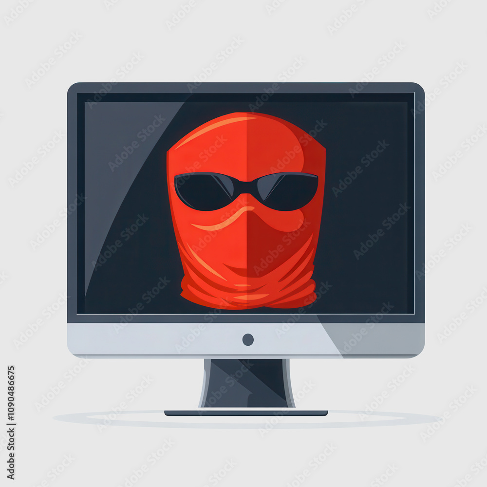 Poster red masked figure with sunglasses displayed on a desktop computer screen illustrating digital privac