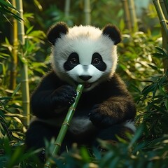 Obraz premium Adorable panda cub happily eating bamboo in lush forest.