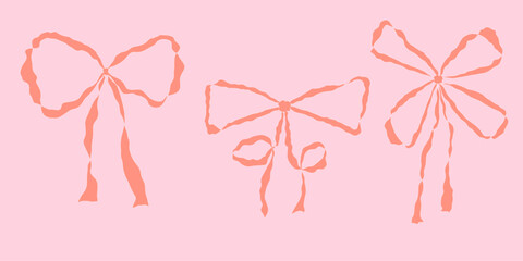 Fototapeta premium Watercolor pink girly vintage bows set. Bow for hair decor flat. Ribbons isolated. Trendy girls accessories. Cute hairstyle elements collection