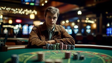 Young Man Playing Poker In Casino Setting
