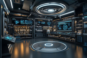 Specialized warehouse designs. Futuristic control room with advanced technology and holographic displays, showcasing smart logistics hub. sleek design and ambient lighting create high tech atmosphere