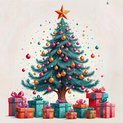 festive xmas tree with gifts and ornaments, Christmas Tree