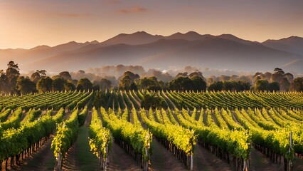 The fertile yarra valley vineyards with rows of grapevines and a mountain backdrop at sunrise, Ai Generated
