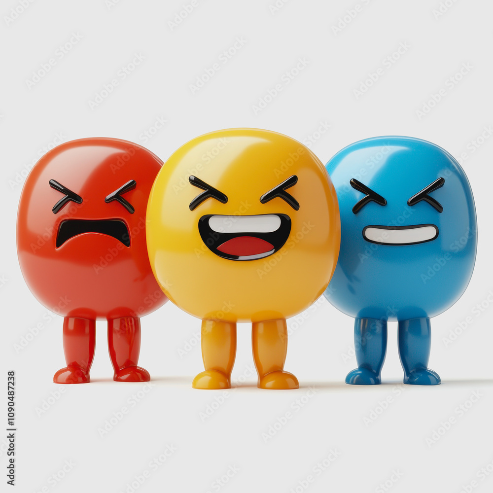 Poster three colorful cartoon characters expressing different emotions with playful designs in a studio set