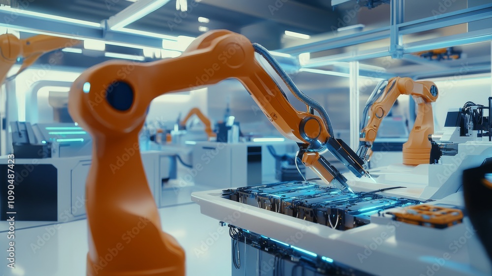 Poster An industrial robotics lab with futuristic machinery and engineers working on advanced prototypes, Robotics lab scene, Cutting-edge and technological style