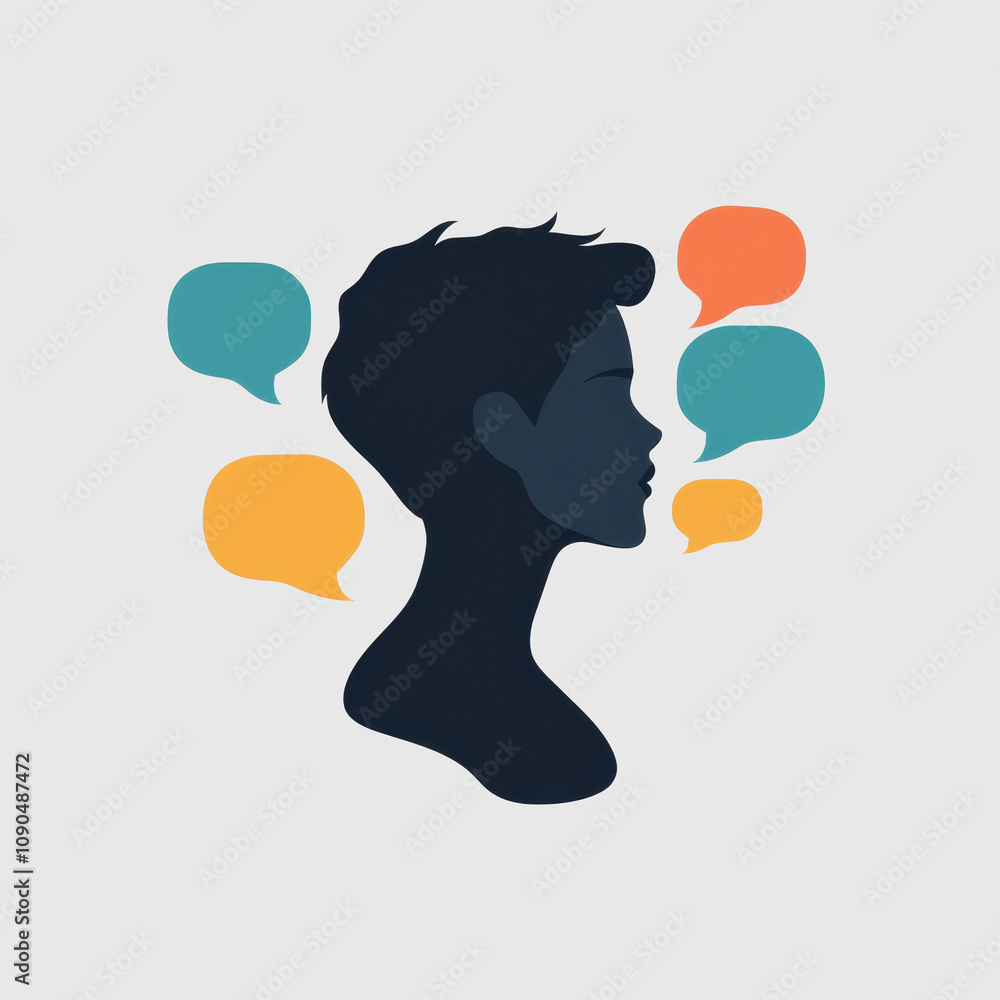 Poster silhouette of a person with colorful speech bubbles, representing communication, expression, convers