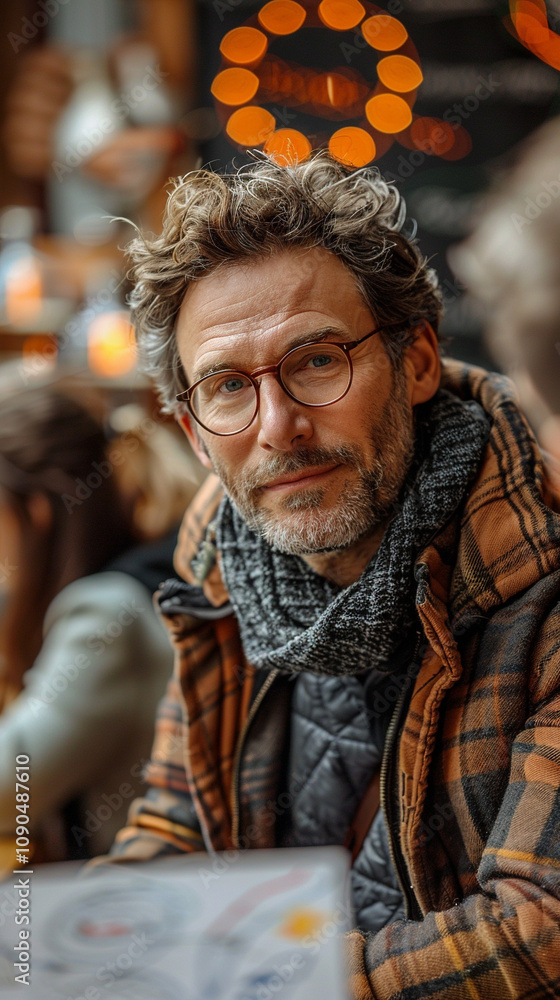 Poster a man with glasses and a scarf is sitting at a table with a menu in front of him