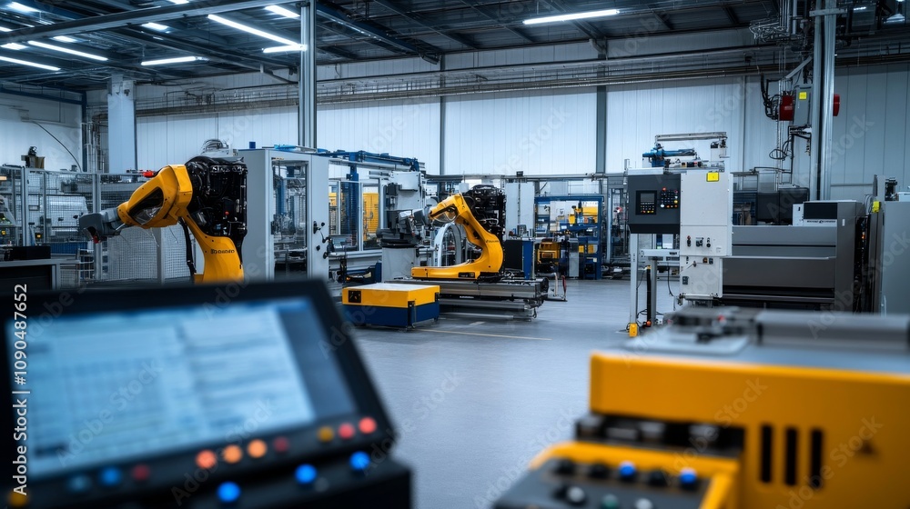 Poster An industrial robotics workshop with automated machinery and control panels, Workshop scene, Robotics technology style