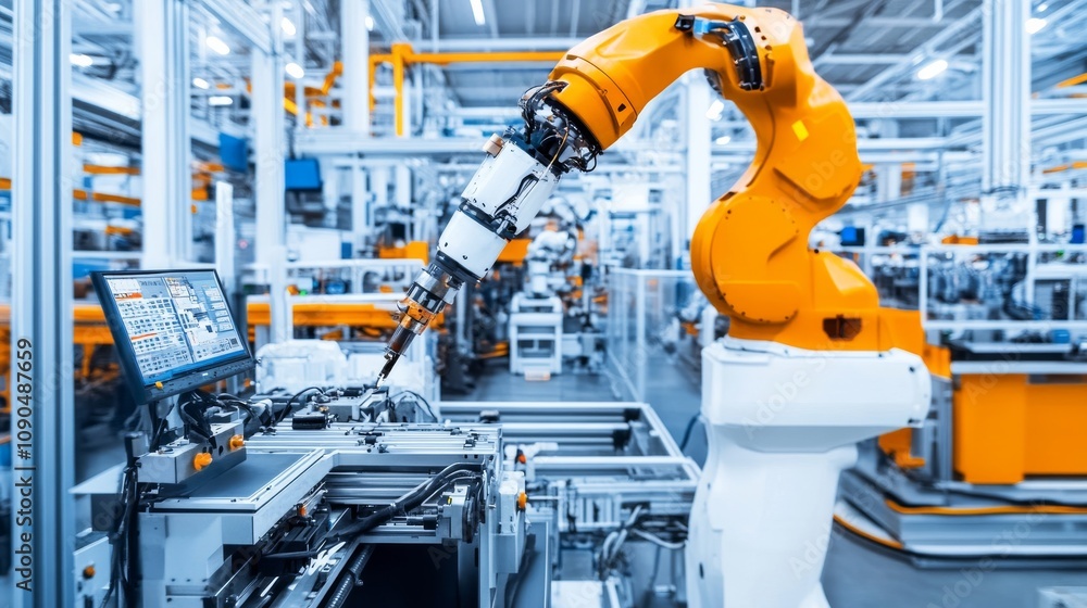 Aufkleber An industrial robotics workshop with automated machinery and control panels, Workshop scene, Robotics technology style