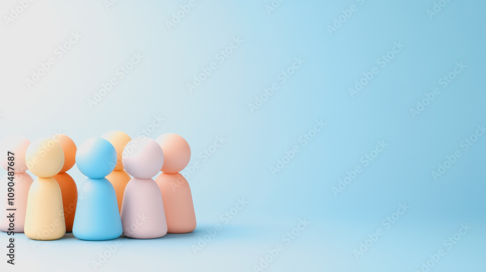 Poster group of abstract human figures in soft pastel colors on a minimalist background, representing unity