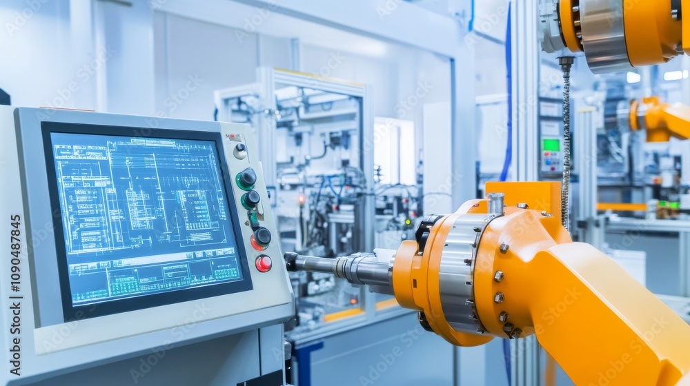 Poster An industrial robotics workshop with automated machinery and control panels, Workshop scene, Robotics technology style