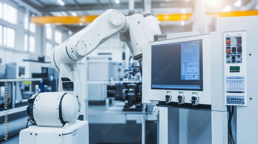 Poster An industrial robotics workshop with automated machinery and control panels, Workshop scene, Robotics technology style