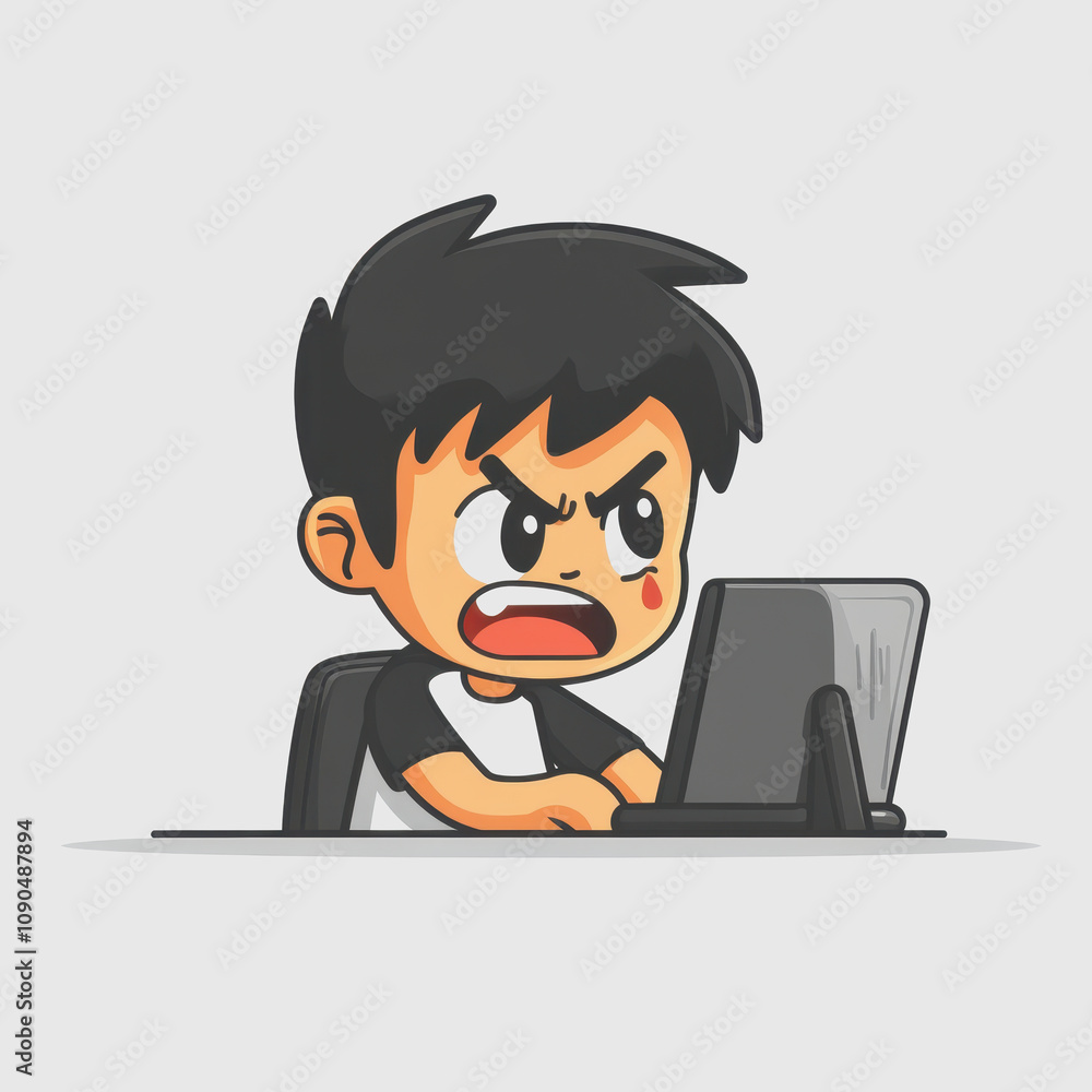 Poster angry boy cartoon character working on computer with expression of frustration and determination in 
