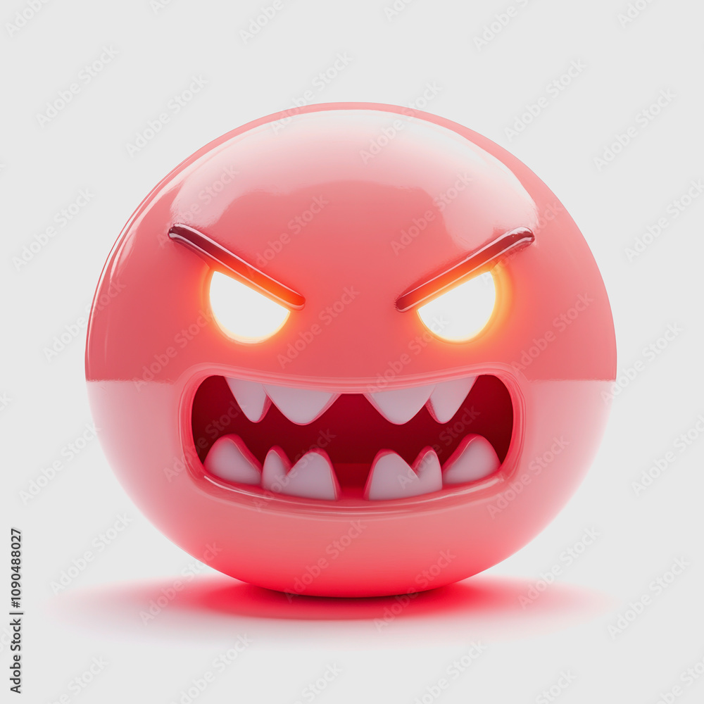Poster glossy red sphere with anger expression featuring sharp teeth and glowing eyes on a minimalist backg