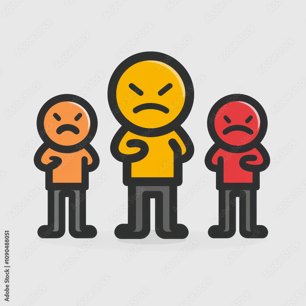 Poster colorful cartoon characters displaying anger with frown expressions in minimalist style suitable for