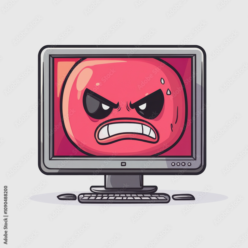 Poster cartoon illustration of angry red face on computer monitor representing frustration and irritation i