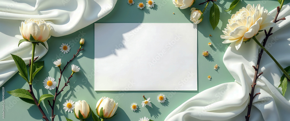 Poster a white card with a flower on it sits on a green table. the card is empty, but the flower adds a tou
