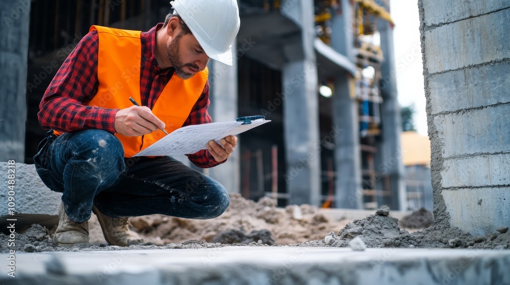 Poster an inspector examining concrete quality at a construction site with measuring tools, concrete inspec