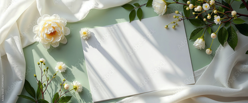 Poster a white card with a flower on it sits on a green table. the card is empty, but the flower adds a tou