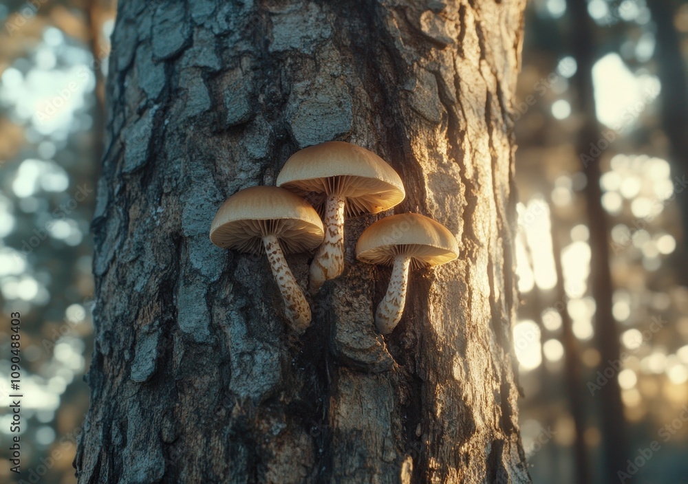 Poster three mushrooms growing on a tree trunk in a forest setting with soft sunlight.
