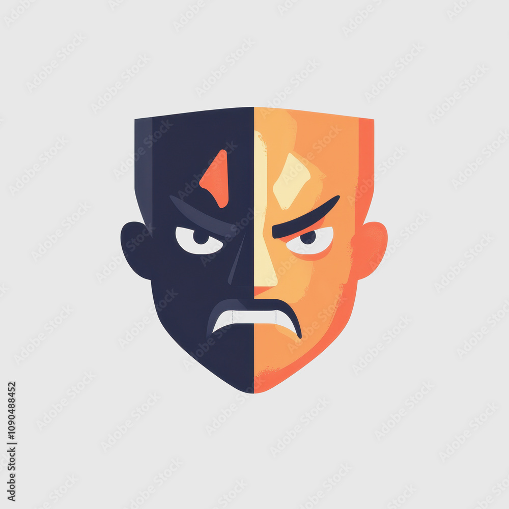 Poster a bold and artistic representation of a half-mask face, highlighting duality and emotion through con