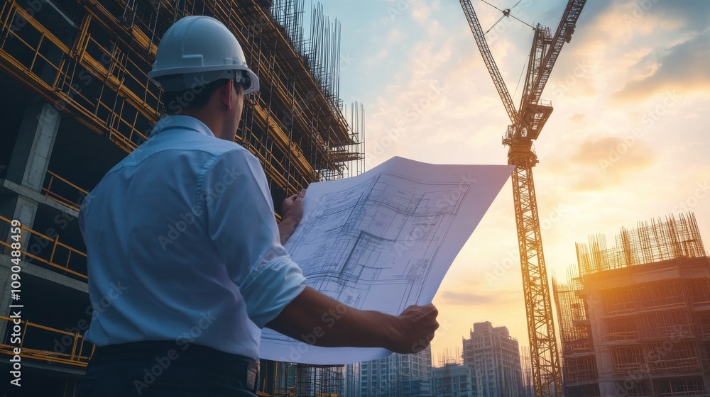 Poster An inspector examining detailed blueprints with a backdrop of scaffolding and cranes, Blueprint review scene, Technical and detailed style